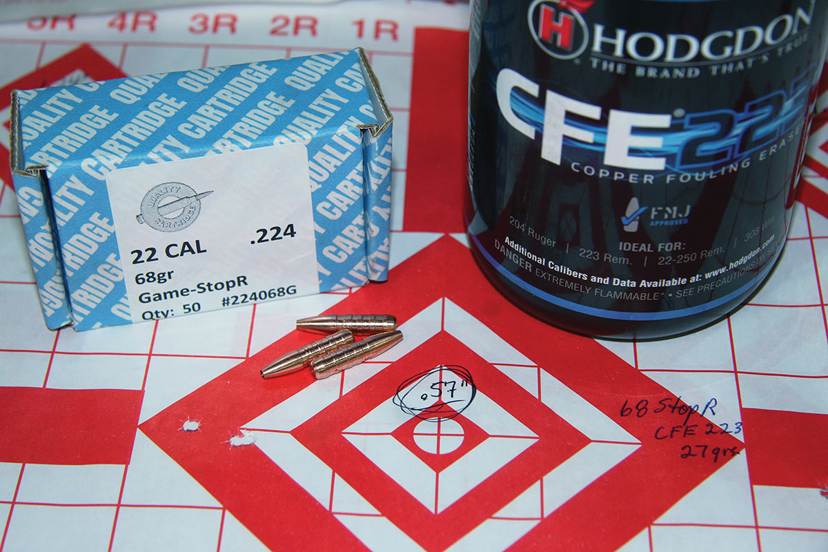 Quality Cartridge’s 68-grain Game-StopR seated over 27 grains of Hodgdon CFE 223 has proven particularly effective on hogs from Patrick’s 224 Valkyrie AR-15.